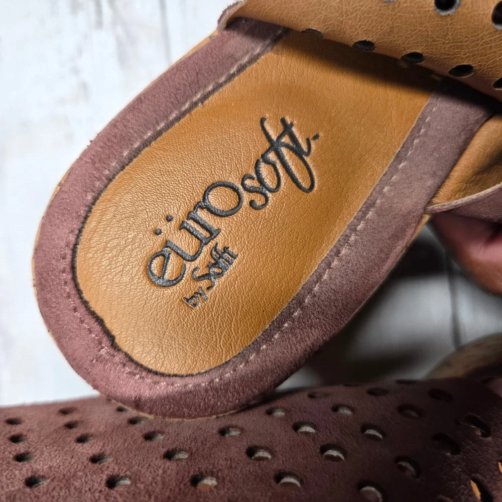 EuroSoft by Sofft Laser Cut Cork Wedge Sandals Women‎ 6M Mauve Brown ES0004529